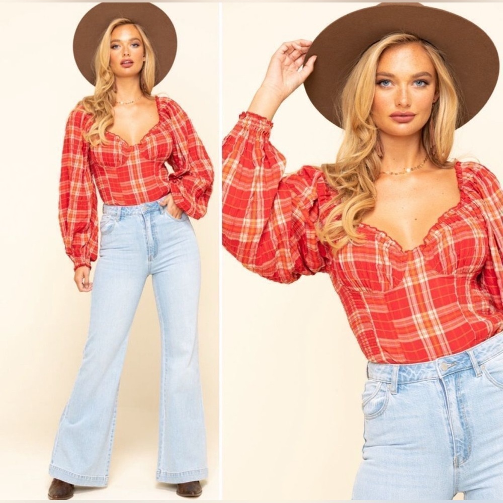 Free People Balloon Sleeve Plaid Blouse